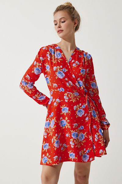 Happiness İstanbul Rotes, florales Mini-Wickel-Chiffonkleid für Damen, UB00274