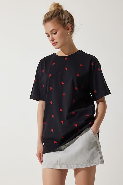 Happiness İstanbul Schwarzes Damen-T-Shirt mit Herzmotiv, 100 % Baumwolle, Übergröße, lang, gestrickt NJ00148