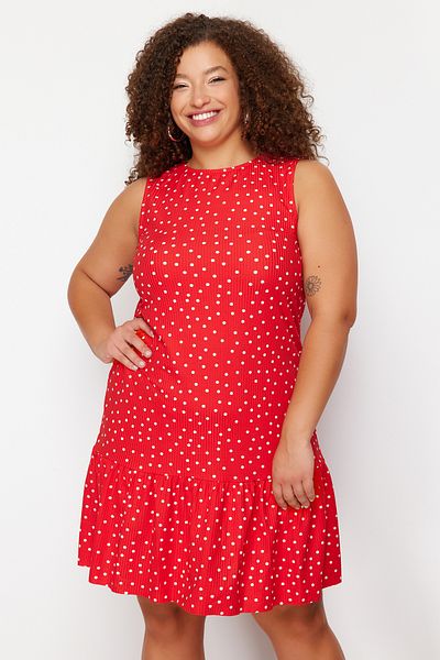 Trendyol Curve Red Polka Dot Printed Zero Sleeve Flounces Shift Mini Stretchy Knitted Plus Size Dress Tbbss24Ah00131