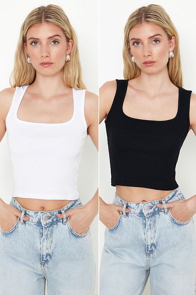 Trendyol Collection Μαύρο-λευκό 2-συσκευασία Εφαρμόσιμη/Εφαρμοσμένη Stretch Πλεκτή Μπλούζα TWOSS24BZ00583
