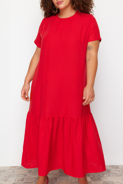 Trendyol Curve Plus Size Red Fake Linen Dress - TBBSS24AH00172