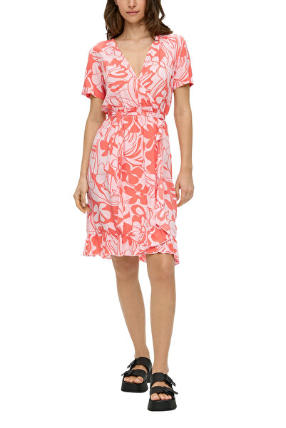 QS by s.Oliver Kleid in Wickel-Optik, Bindegürtel, Midi, V-Ausschnitt