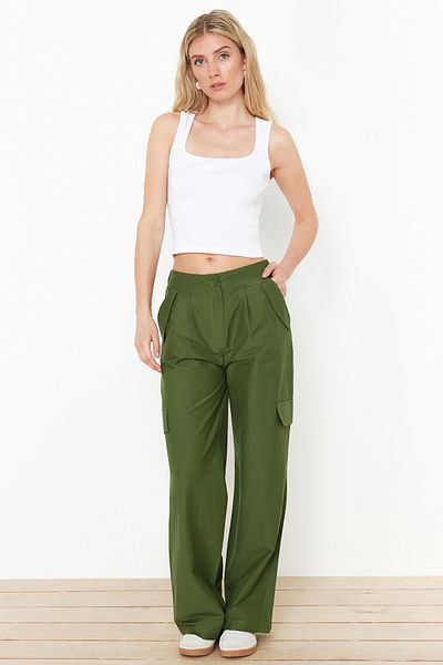 Trendyol Collection Khaki Cargo Pocket Wide Leg Wide Leg Woven Trousers TWOSS24PL00108