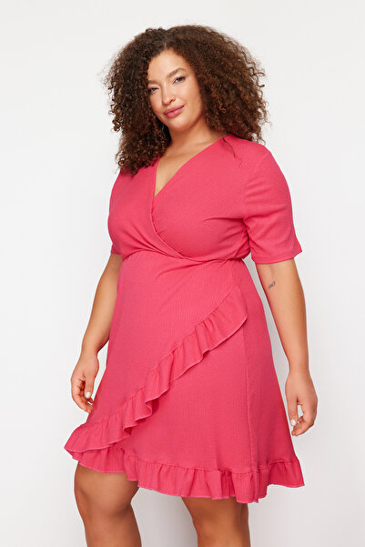 Trendyol Curve Pink Double-breasted Flounced Knitted Dress Double-breasted Flounced Mini Knitted Dress TBBSS24AH00037