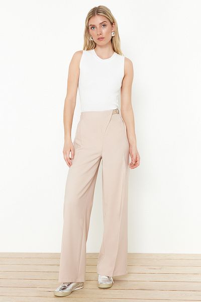 Trendyol Collection Bézs öves vas nyomkövető széles szárú/széles szárú szőtt nadrág TWOSS24PL00156