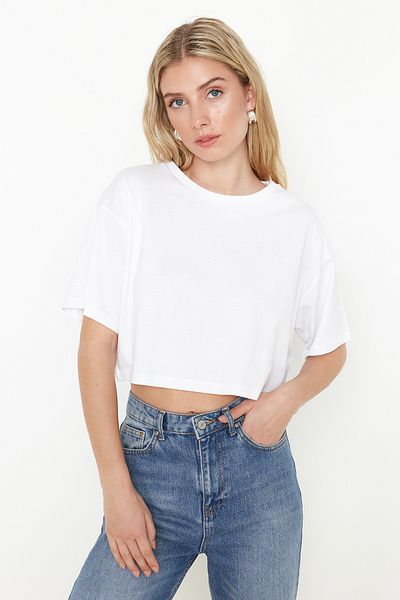 Trendyol Collection Tricou tricotat crop alb-negru, 100% bumbac, tricot relaxat/confortabil TWOSS24TS00224