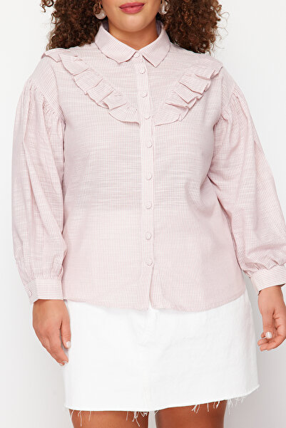 Trendyol Curve Cămașă din bumbac cu volane bej TBBSS24AX00010