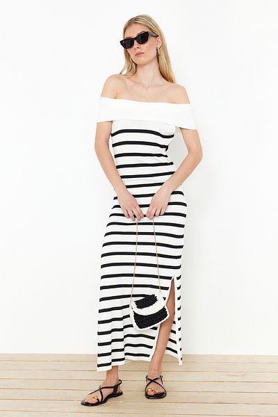 Trendyol Collection Ecru Maxi kötöttáru csónak nyakú ruha TWOSS24EL00359