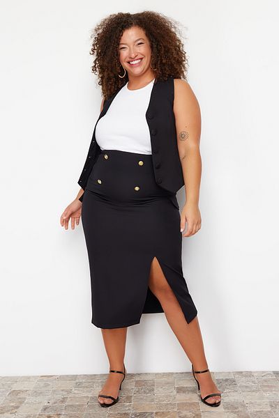 Trendyol Curve Black Button and Pocket Cover Detailed Woven Skirt TBBSS24AZ00055