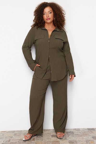 Trendyol Curve Plus Size Khaki Textured Shirt and Pants Set - Buttoned Woven, TBBSS24CP00010