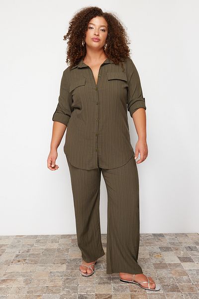 Trendyol Curve Plus Size Khaki Textured Shirt and Pants Set - Buttoned Woven, TBBSS24CP00010