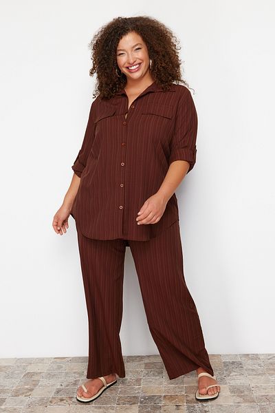 Trendyol Curve Plus Size Brown Woven Shirt and Trousers Set - TBBSS24CP00010
