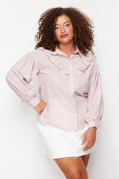Trendyol Curve Cămașă din bumbac cu volane bej TBBSS24AX00010
