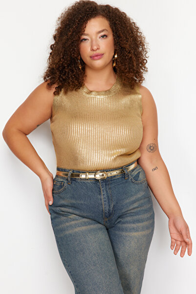 Trendyol Curve Gold Foil Printed Corded Knitwear Blouse TBBSS24AN00004