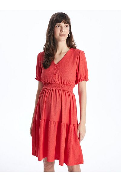 LC Waikiki Crinkle V-Neck Maternity Dress - Solid Short Sleeve