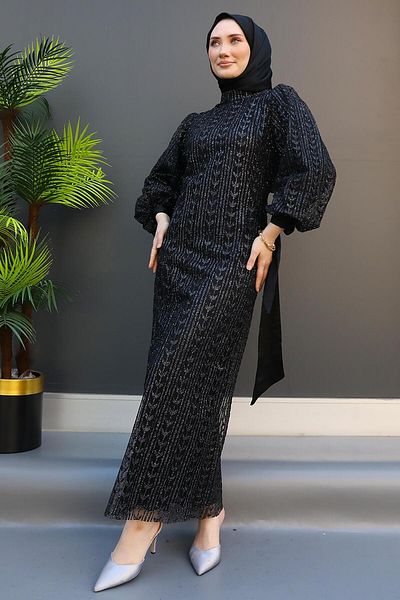 GİZ AGİYİM Pearl Hijab Evening Dress Black