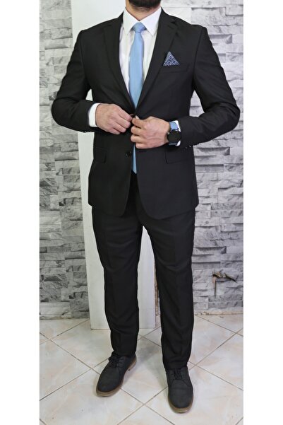 Bilgiçler Erkek Siyah Slim Fit Dar Kesim Mono Yaka Takım Elbise