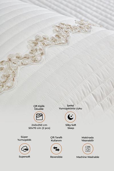 Evlen Home Collection طقم مفرش سرير مزدوج قطن 100% من Mihrimah Lacy (Pique) باللون الأبيض الفاتح