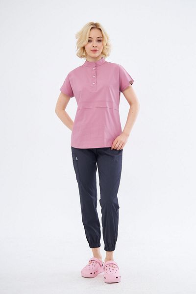 Class Üniforma Nova - Scrubs flexibil din lycra afumat cu pulbere pentru femei, guler predominant și jumătate de plăcuță