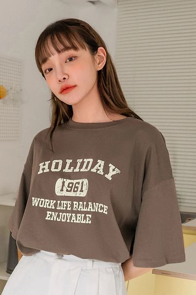 Revasser Unisex Καφέ Crew Neck Holiday Printed Oversize
