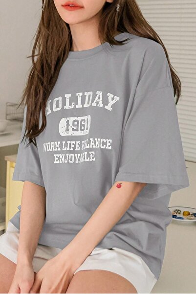 Revasser Unisex Stone Grey Crew Gât Sărbători Printed Oversize