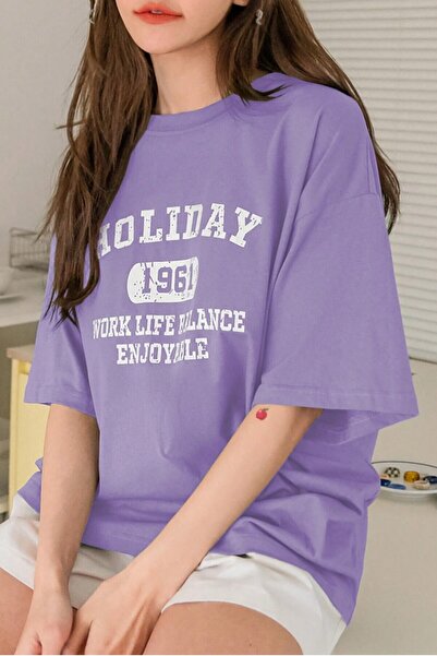 Revasser Guler rotund unisex violet oversize cu imprimeu de vacanță