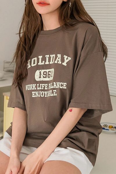 Revasser Unisex Καφέ Crew Neck Holiday Printed Oversize
