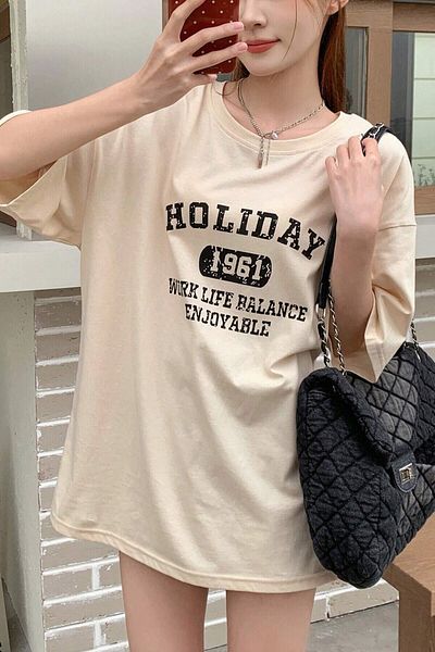 Revasser Μπλουζάκι με στάμπα μπεζ με λαιμόκοψη Unisex Oversize Holiday