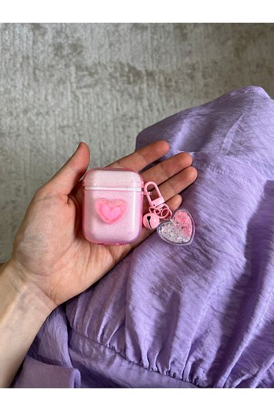 WANNA PROTECT Airpods 1 و 2حافظة سماعة رأس من السيليكون بتصميم قلب وردي لامع ومتوافق مع الجيل