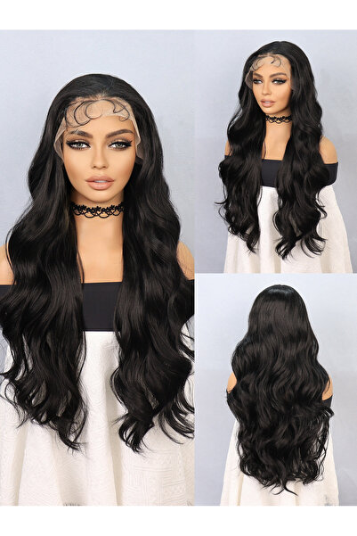 Suzan Peruk شعر مستعار واسع مموج كامل الاتجاه من التول باللون الأسود