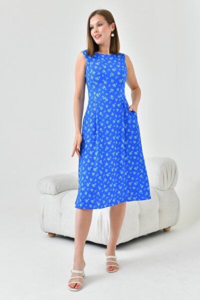 lovebox Λουλούδι με μοτίβο εύκαμπτο Seersucker Fabric Zero Sleeve Pocket Detail Crew Neck Blue Summer φόρεμα 102