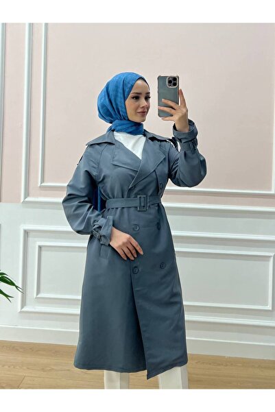 Esre Store Kol Ve Omuz Detaylı Tesettür Trençkot Gri