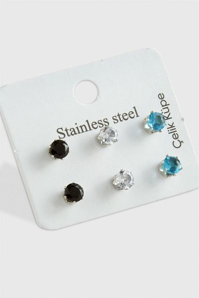 AKSESUARIM 6 Pieces Zircon Single Stone Steel Earrings