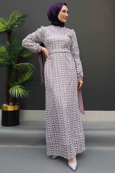 GİZ AGİYİM Colorful Embroidered Evening Dress Lilac