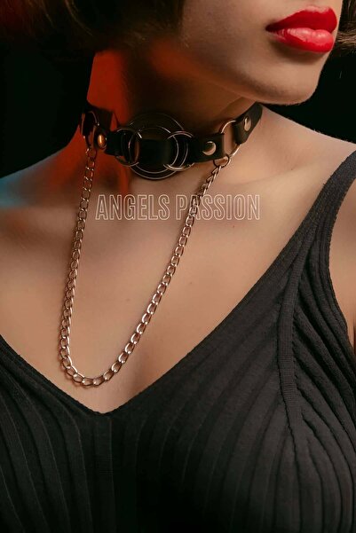 Angels Passion Deri Choker, Deri Tasma, Zincirli Deri Kolye, Halkalı Deri Kolye