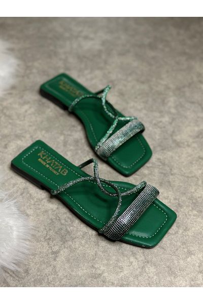Nstil Daily Women's Green Slippers Cross Stoned Single Strap Blunt Toe Low Heel Sole Summer 19
