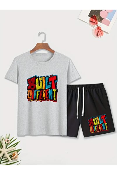 StartMore Set de tricou și pantaloni scurți pentru bărbați, gri, cu imprimeu ...