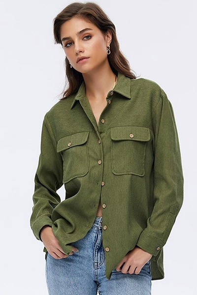CoolLook Fitilli Kadife Rahat Bol Kesim Düğme Kapamalı Uzun Kollu İki Kapaklı Göğüs Cepli Tarz Gömlek