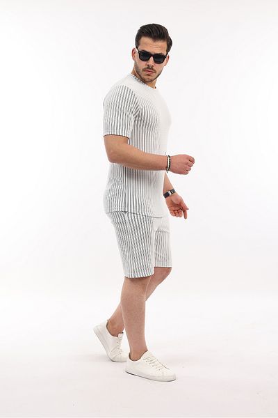 3MODA Men's Round Neck Striped Top and Bottom Shorts Set