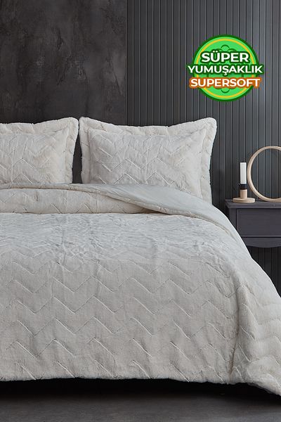 Evlen Home Collection Fur Quilt Sleeping Set Double (SIDED) Personality Kry Soft Filled Plush 3 Piece Bedspread White