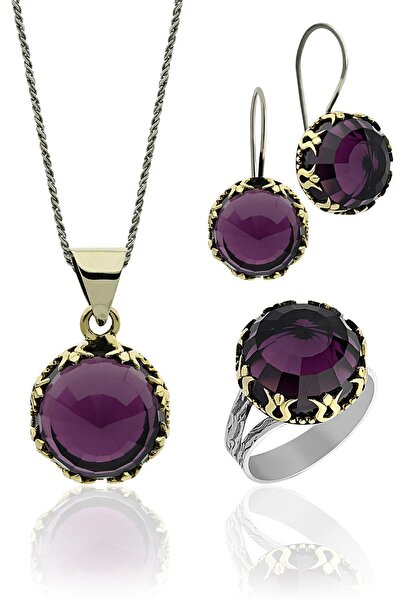 Erdobia Ametist Taşlı Lale Motifli Yuvarlak Otantik Gümüş Kadın Set