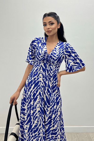 giyimmasalı Satin Fabric Dress with Gather Detail on the Chest - SAKS BLUE