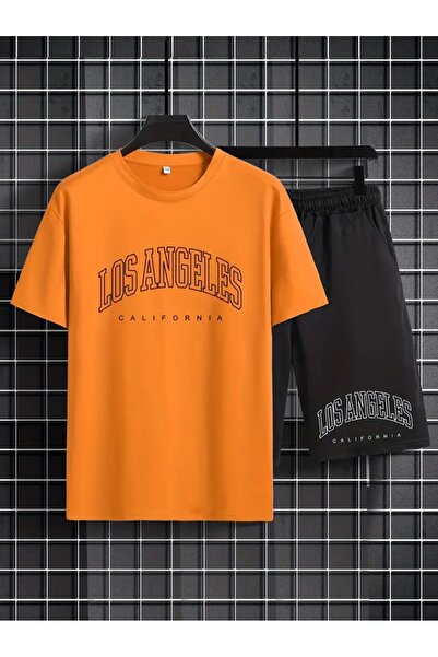Generic Brand Men's Orange''Los Angeles Printed'' Basic Oversize T-Shirt- Sho...