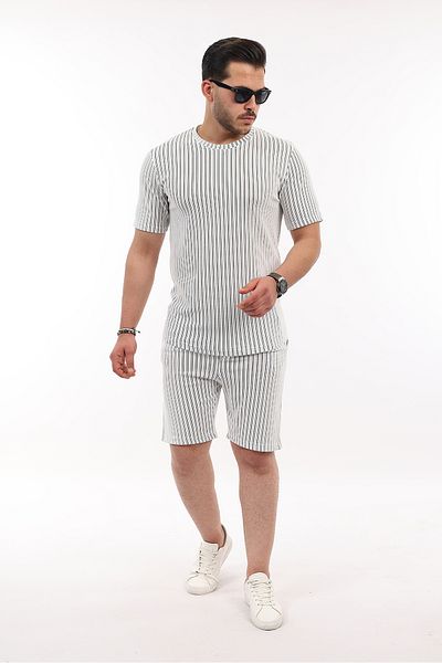 3MODA Men's Round Neck Striped Top and Bottom Shorts Set