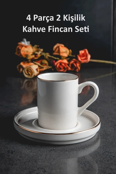 WuuQ Beyaz Porselen Gold Altın Yaldızlı 4 Parça 2 kişilik Kahve Fincan Seti -...