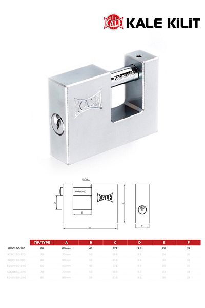 Kale Kilit Castle Horizontal Steel Sliding Padlock Brass Over Nickel Plated 60mm Kd001/50/160
