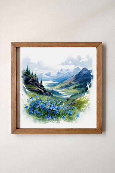 Wooden Factory Dağ Tepeleri ve Beni Unutma Çiçekleri, Sulu Boya Efektli Ahşap Çerçeveli Tablo