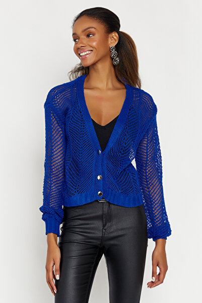 Hopoi Kadın Saks Ince Yazlık Ajurlu Crop Hırka Hop903