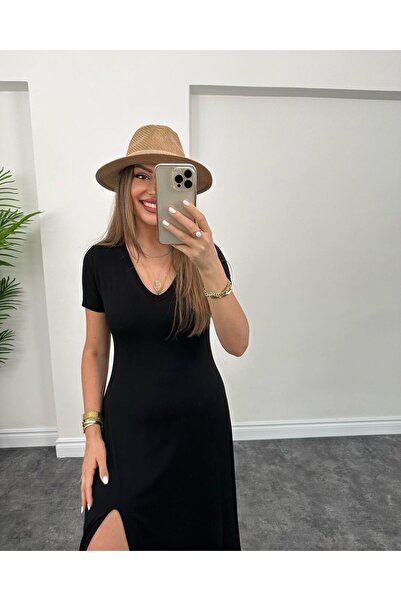 JANES Γυναικεία Ρούχα - Γυναικείο κοντομάνικο V λαιμό φόρεμα μήκους Maxi