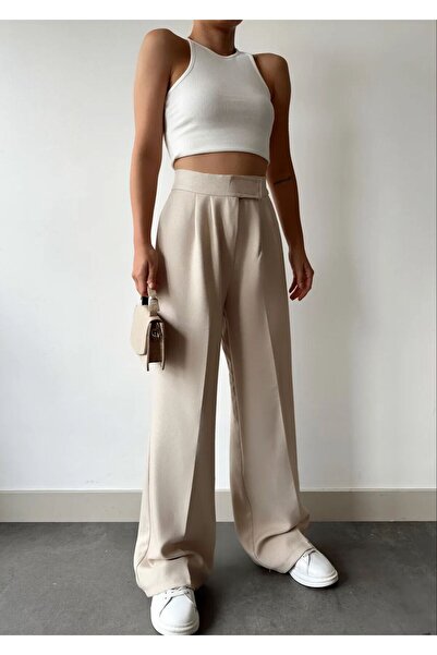 LAMİRAMOOD Neva Bej Cırt Cırtlı Bol Paça Kumas  Pantolon Blue